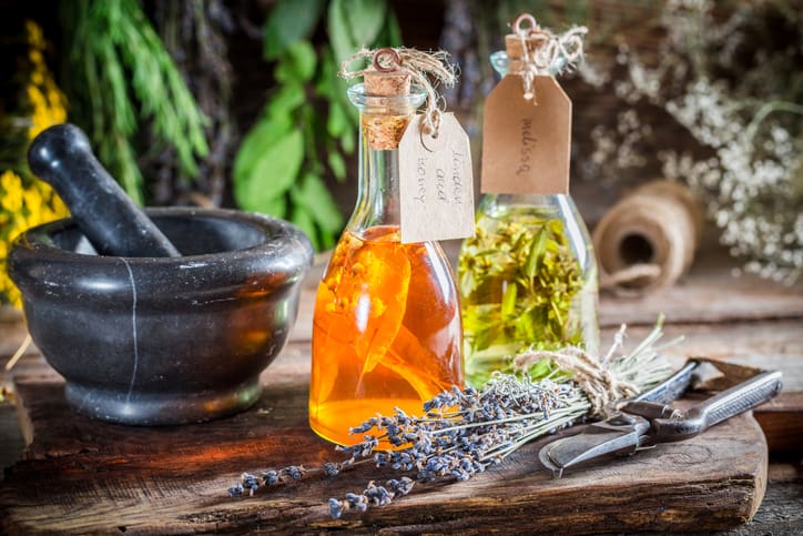 Homemade tincture in bottles as an alternative cure.